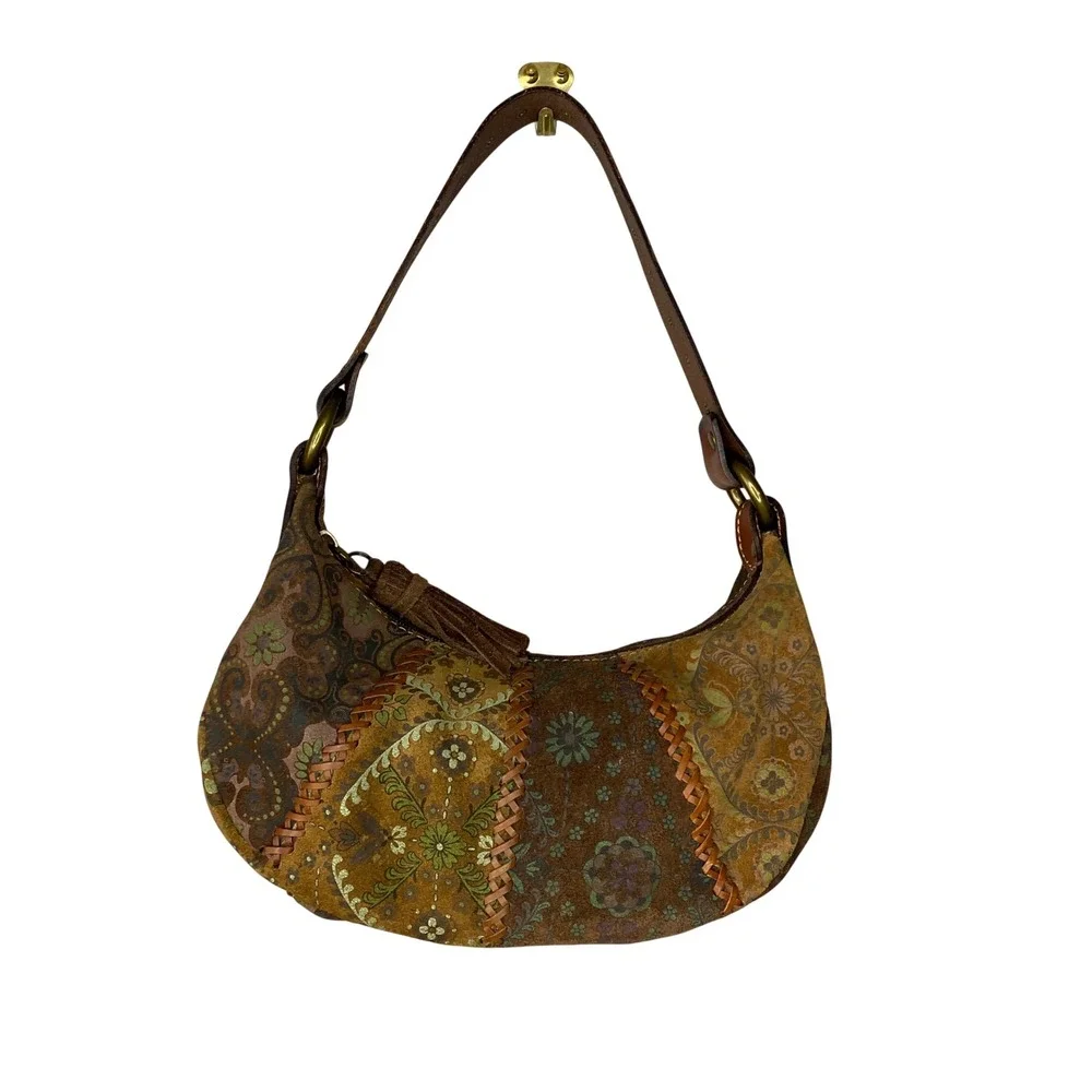 Floral Paisley Patchwork Suede Hobo Bag Tassel Whipstitch Brown Boho Bag